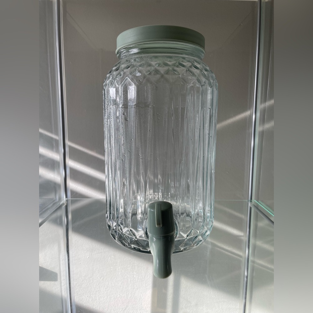 IKEA Clear Glass Beverage Dispenser with Green Lid and Spout